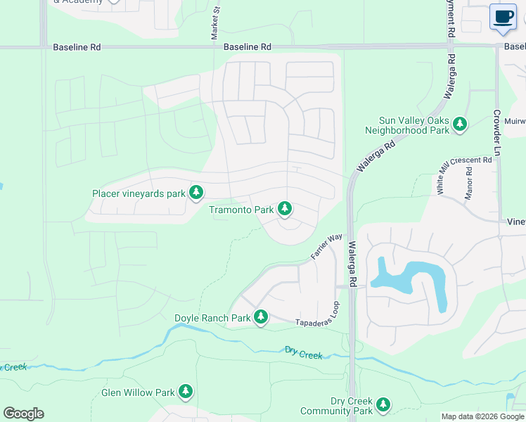 map of restaurants, bars, coffee shops, grocery stores, and more near 4635 Farrier Way in Roseville