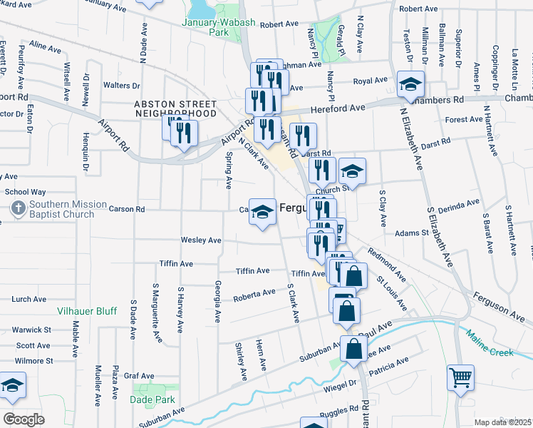 map of restaurants, bars, coffee shops, grocery stores, and more near 25 South Clark Avenue in Ferguson