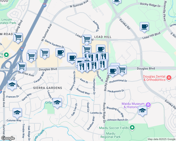 map of restaurants, bars, coffee shops, grocery stores, and more near 1850 Douglas Boulevard in Roseville