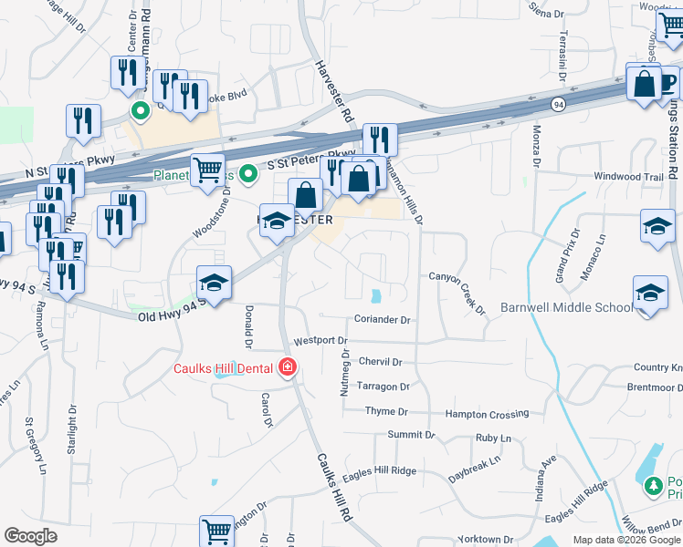 map of restaurants, bars, coffee shops, grocery stores, and more near 1311 Summergate Parkway in St. Charles