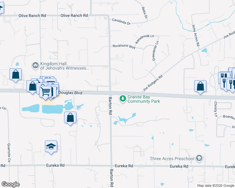 map of restaurants, bars, coffee shops, grocery stores, and more near 6044 Douglas Boulevard in Granite Bay