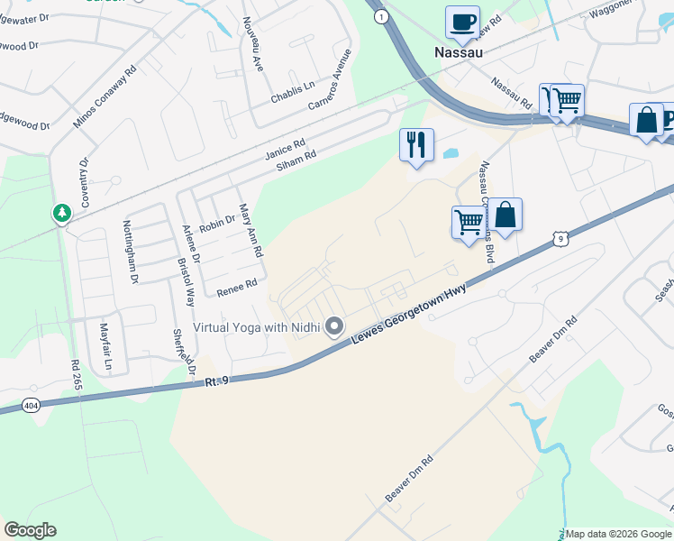 map of restaurants, bars, coffee shops, grocery stores, and more near 24436 Cabernet Lane in Lewes