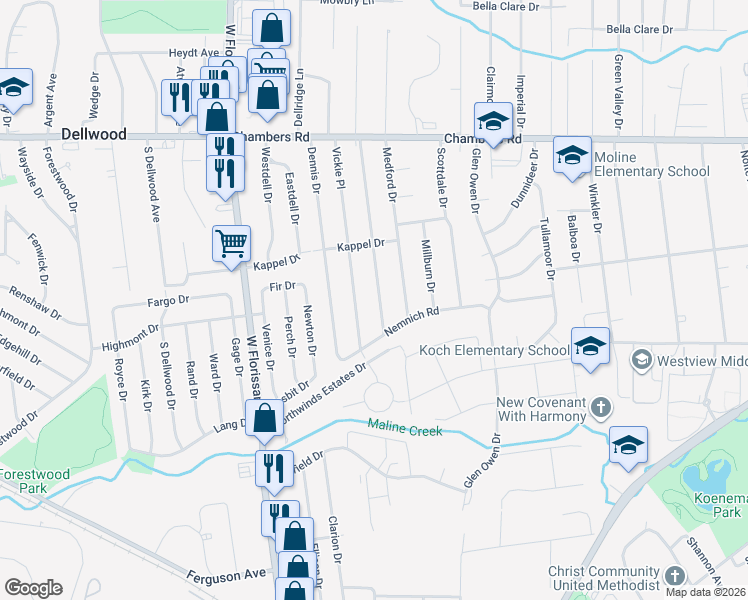 map of restaurants, bars, coffee shops, grocery stores, and more near 9714 Lorna Lane in St. Louis