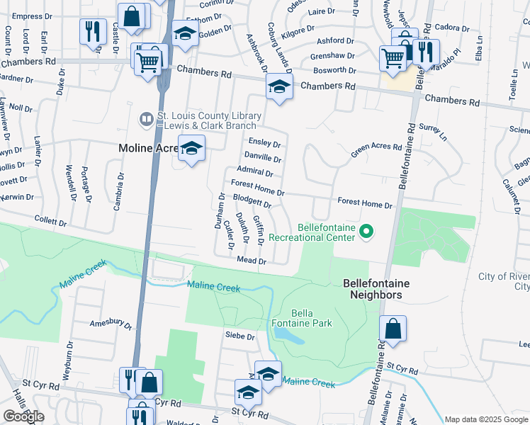 map of restaurants, bars, coffee shops, grocery stores, and more near 9718 Hemlock Drive in St. Louis