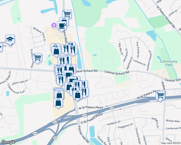 map of restaurants, bars, coffee shops, grocery stores, and more near 4824 Central School Road in Saint Charles