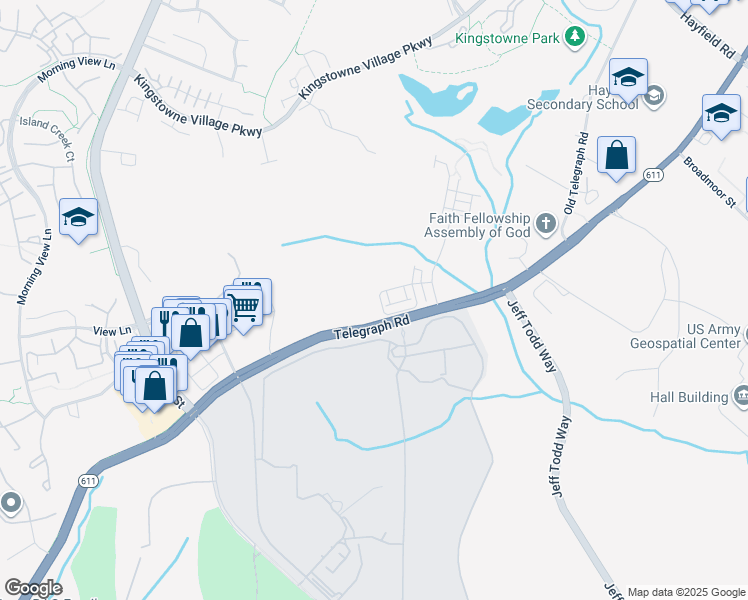 map of restaurants, bars, coffee shops, grocery stores, and more near 6126 Olivet Drive in Kingstowne