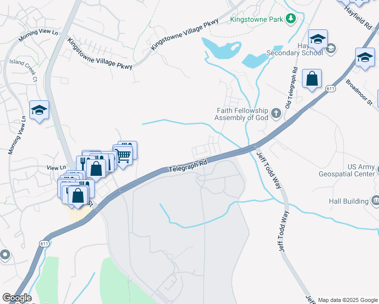 map of restaurants, bars, coffee shops, grocery stores, and more near 6126 Olivet Drive in Kingstowne
