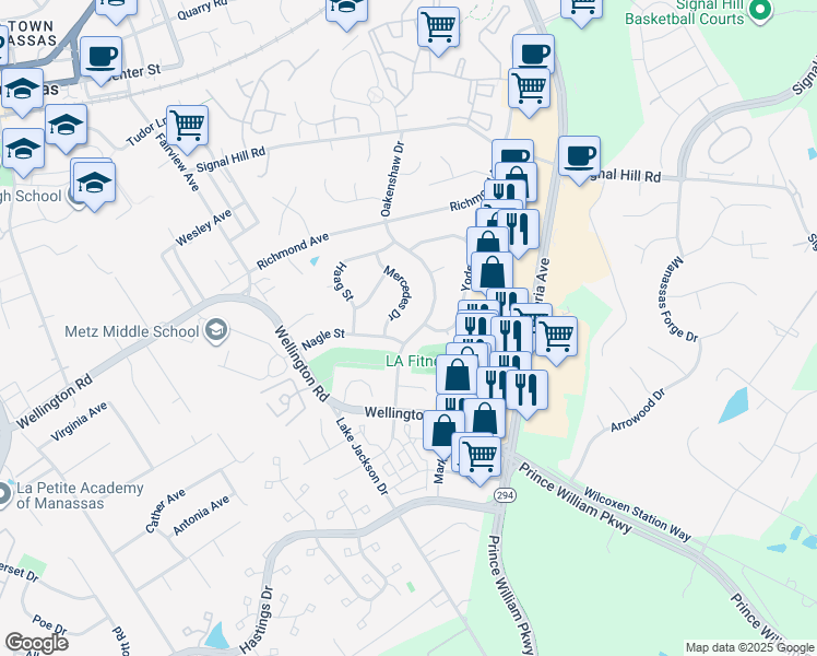 map of restaurants, bars, coffee shops, grocery stores, and more near 9550 Oakenshaw Drive in Manassas