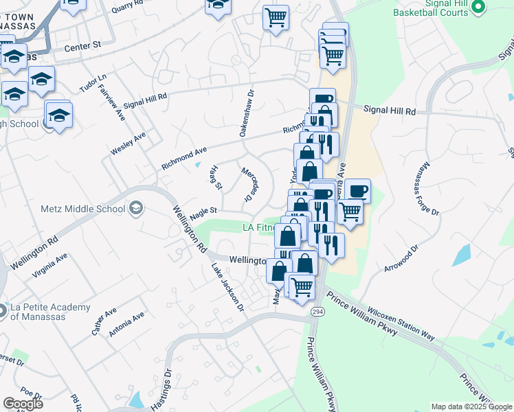 map of restaurants, bars, coffee shops, grocery stores, and more near 9550 Oakenshaw Drive in Manassas