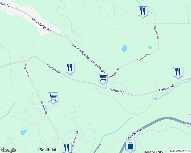 map of restaurants, bars, coffee shops, grocery stores, and more near 2360 Union Ridge Road in Placerville