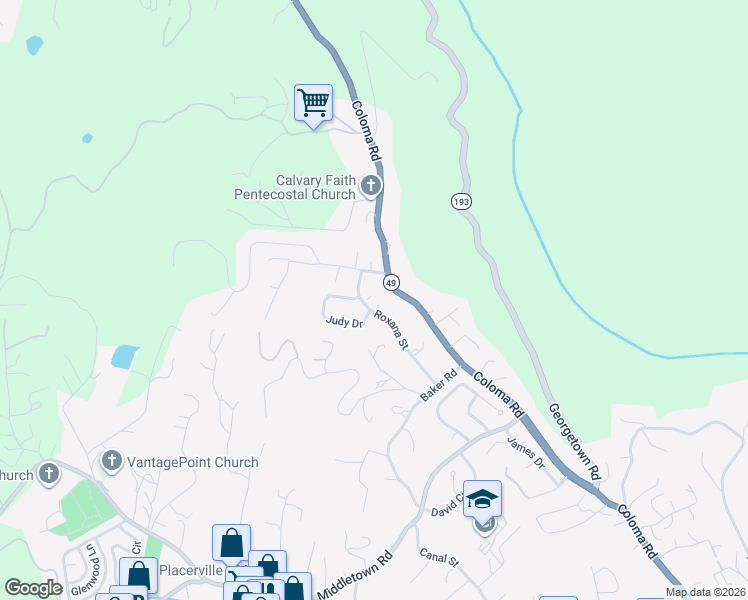 map of restaurants, bars, coffee shops, grocery stores, and more near 242 Judy Drive in Placerville