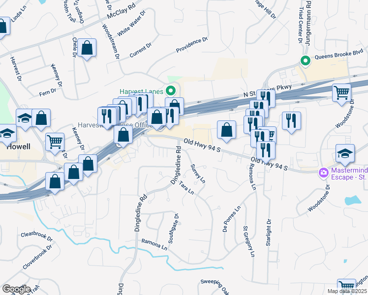 map of restaurants, bars, coffee shops, grocery stores, and more near 1537 Surrey Lane in St. Peters