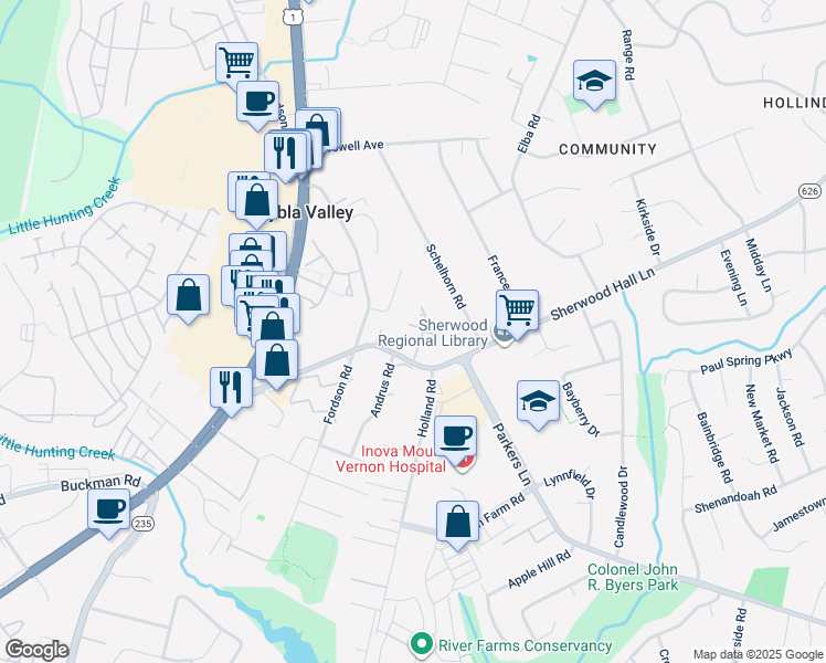 map of restaurants, bars, coffee shops, grocery stores, and more near 2727 Manorhaven Court in Alexandria