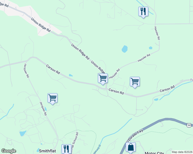 map of restaurants, bars, coffee shops, grocery stores, and more near 2360 Union Ridge Road in Placerville