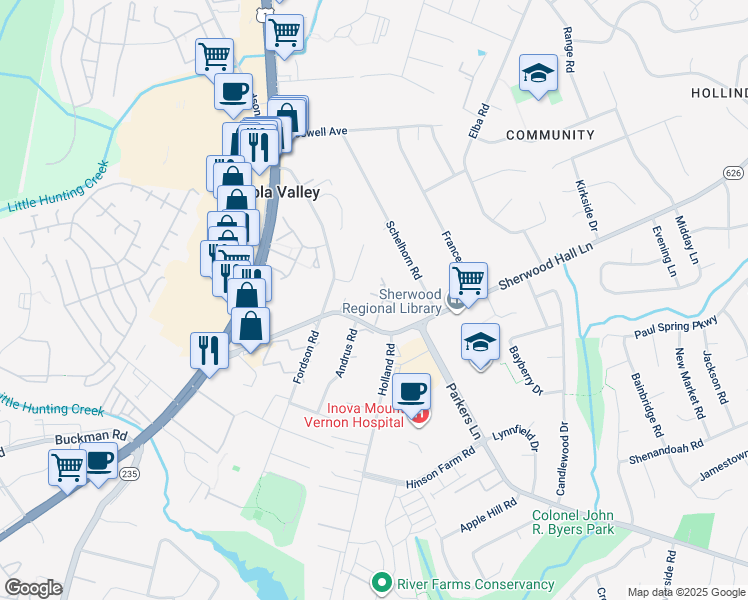 map of restaurants, bars, coffee shops, grocery stores, and more near 2727 Manorhaven Court in Alexandria