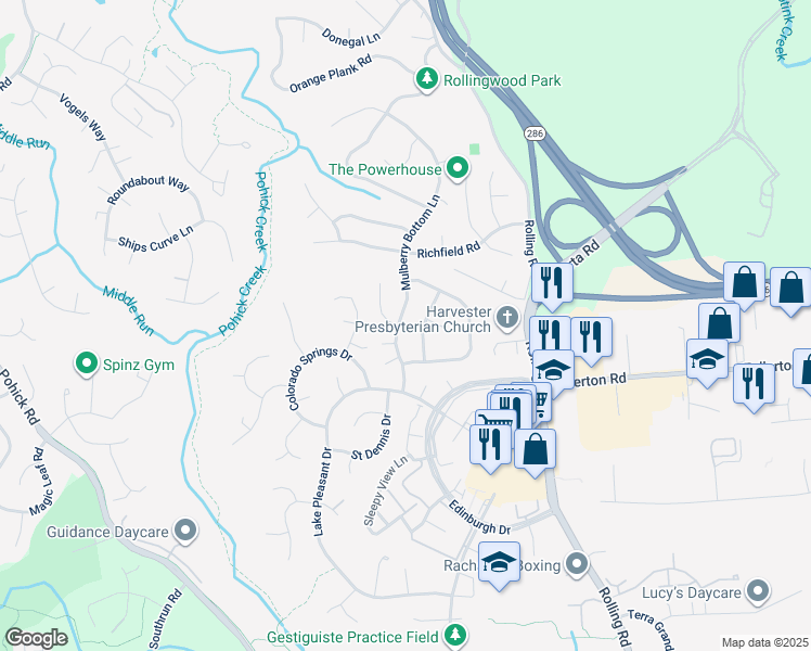 map of restaurants, bars, coffee shops, grocery stores, and more near 7700 Mulberry Bottom Lane in Springfield