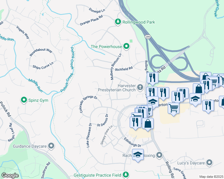 map of restaurants, bars, coffee shops, grocery stores, and more near 7700 Mulberry Bottom Lane in Springfield