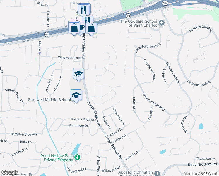 map of restaurants, bars, coffee shops, grocery stores, and more near 3035 Plum Creek Drive in St. Peters