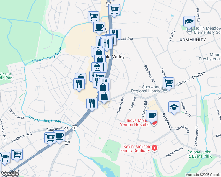 map of restaurants, bars, coffee shops, grocery stores, and more near 7837 Richmond Highway in Alexandria
