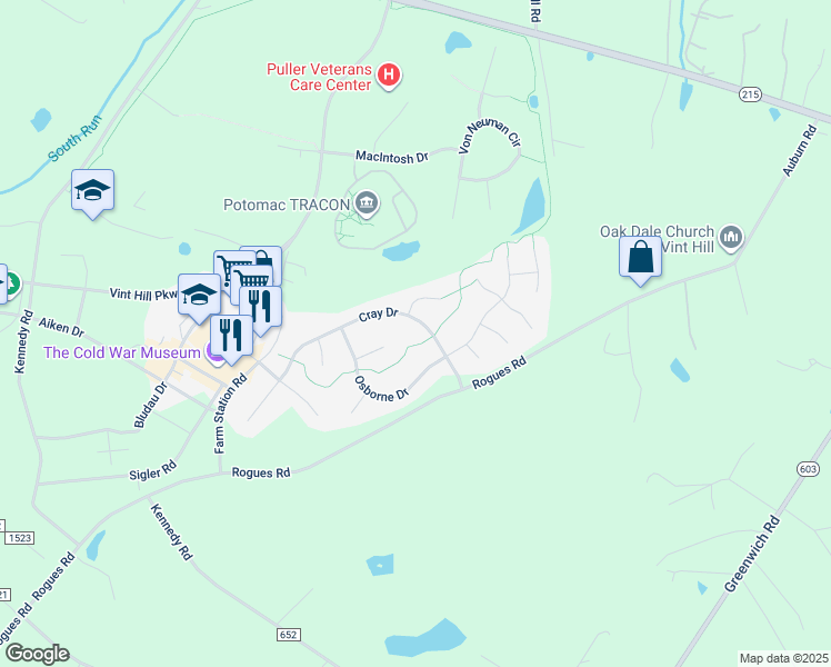 map of restaurants, bars, coffee shops, grocery stores, and more near 4053 Cray Drive in Warrenton