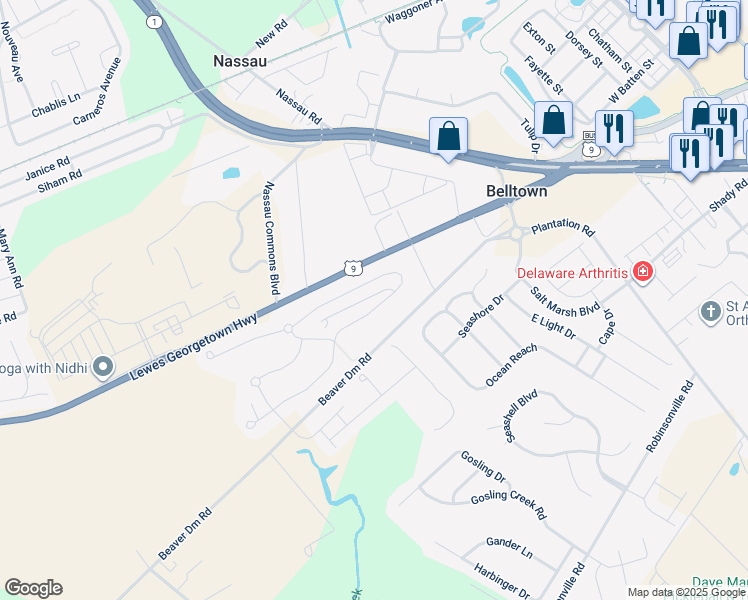 map of restaurants, bars, coffee shops, grocery stores, and more near 17798 Beaver Dam Road in Lewes