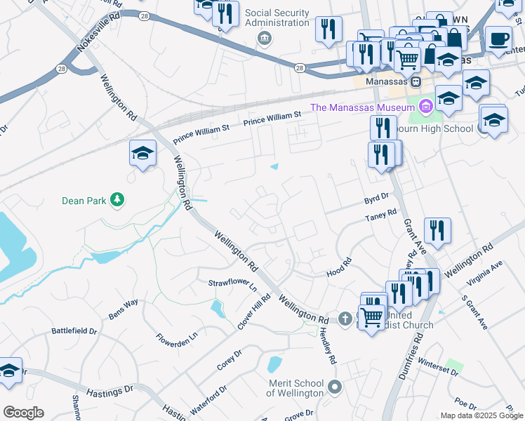 map of restaurants, bars, coffee shops, grocery stores, and more near 9319 Witch Hazel Way in Manassas