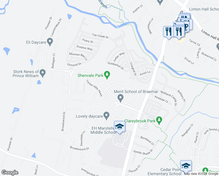 map of restaurants, bars, coffee shops, grocery stores, and more near 13037 Bath Gate Way in Bristow