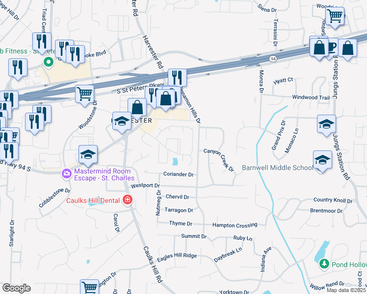 map of restaurants, bars, coffee shops, grocery stores, and more near 1631 Summergate Parkway in Saint Charles