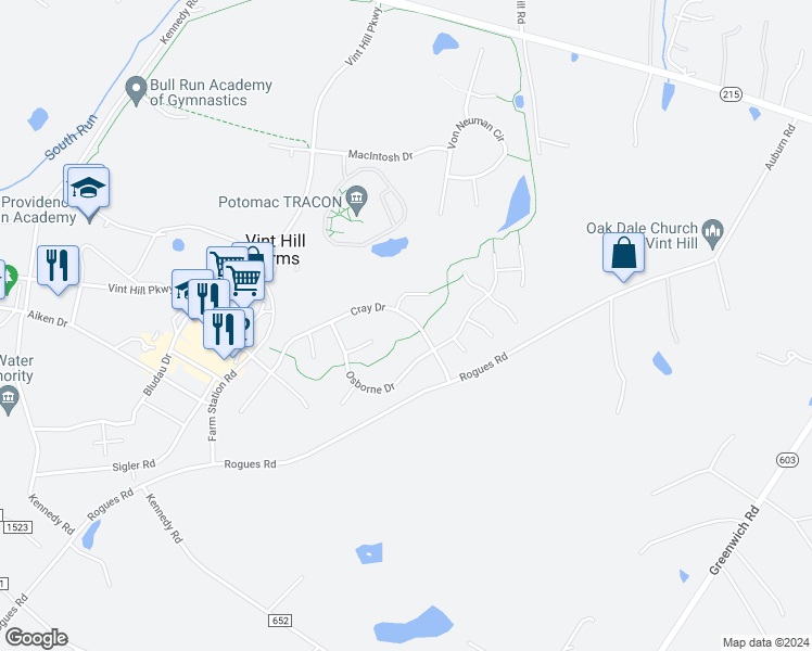 map of restaurants, bars, coffee shops, grocery stores, and more near 4053 Cray Drive in Warrenton