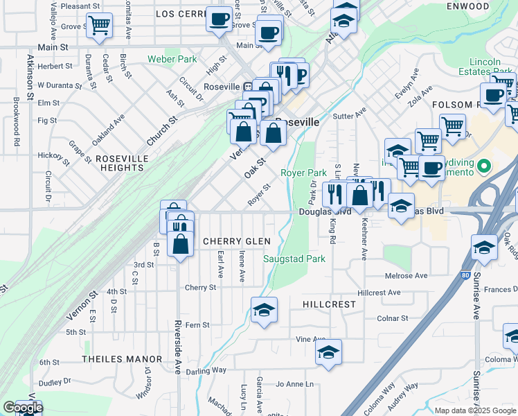 map of restaurants, bars, coffee shops, grocery stores, and more near 108 Willow Avenue in Roseville