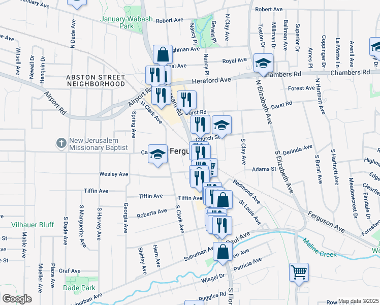 map of restaurants, bars, coffee shops, grocery stores, and more near in Ferguson