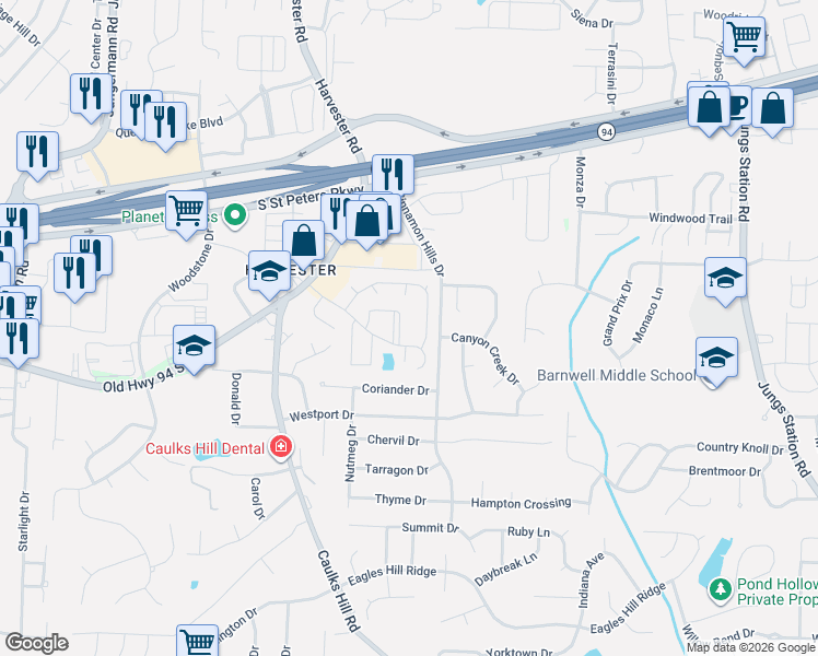 map of restaurants, bars, coffee shops, grocery stores, and more near 1500 Summergate Parkway in St. Peters