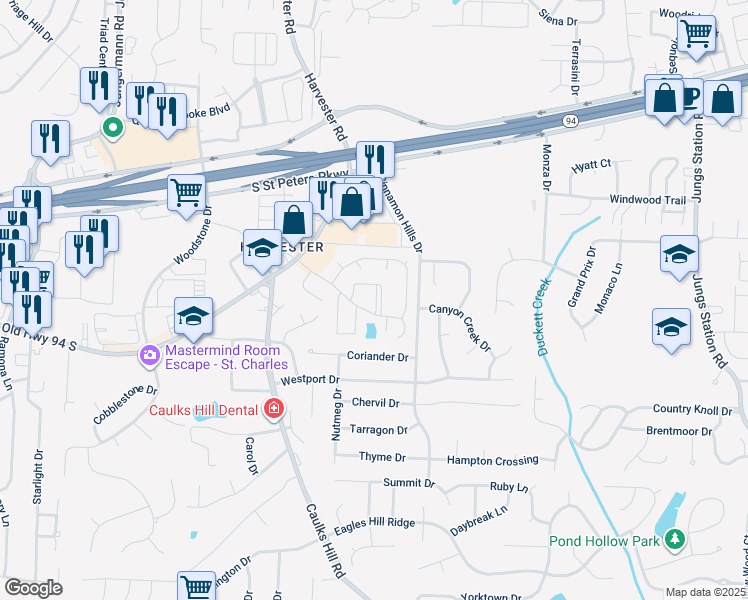 map of restaurants, bars, coffee shops, grocery stores, and more near 1500 Summergate Parkway in St. Peters