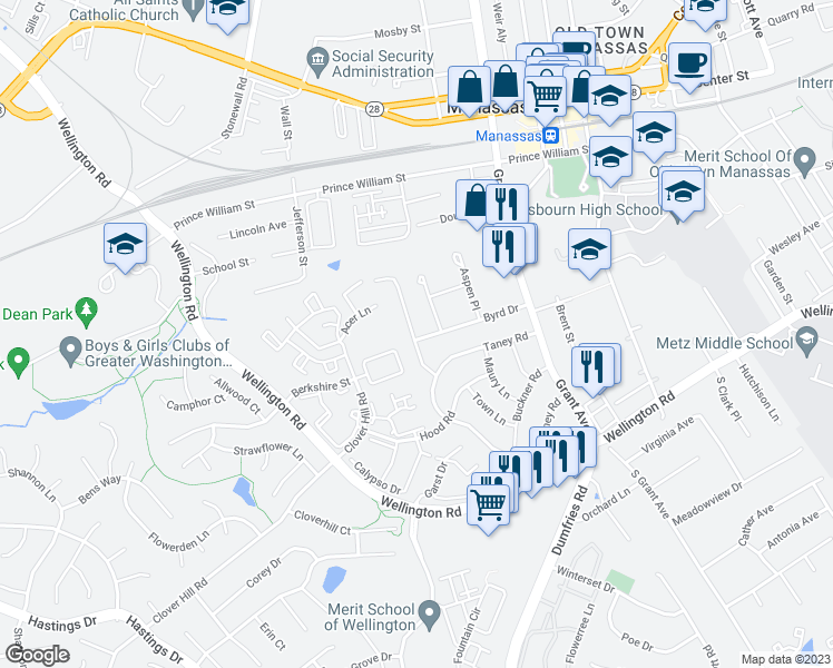 map of restaurants, bars, coffee shops, grocery stores, and more near 9310 Byrd Drive in Manassas