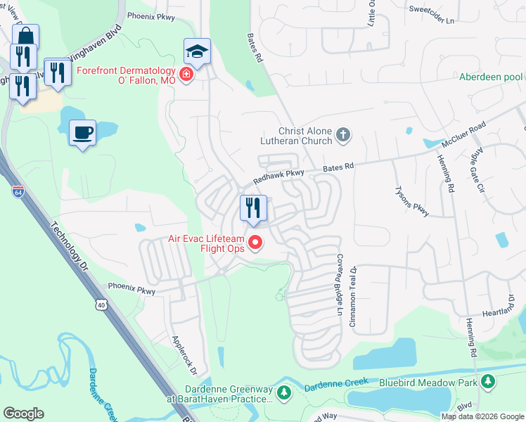map of restaurants, bars, coffee shops, grocery stores, and more near 7560 Village Center Drive in O'Fallon