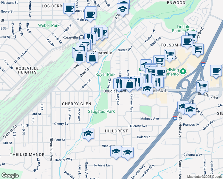 map of restaurants, bars, coffee shops, grocery stores, and more near 690 Douglas Boulevard in Roseville