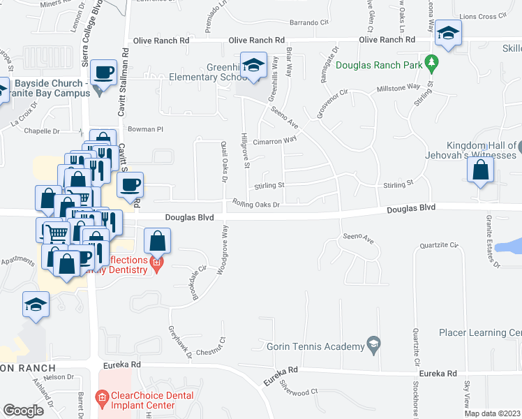 map of restaurants, bars, coffee shops, grocery stores, and more near 4550 Rolling Oaks Drive in Roseville