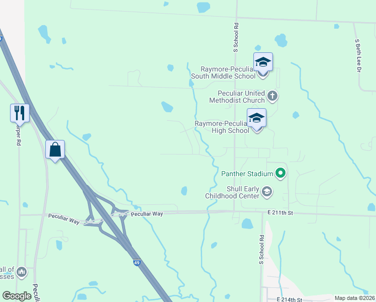 map of restaurants, bars, coffee shops, grocery stores, and more near 11502 East 208th Street in Peculiar
