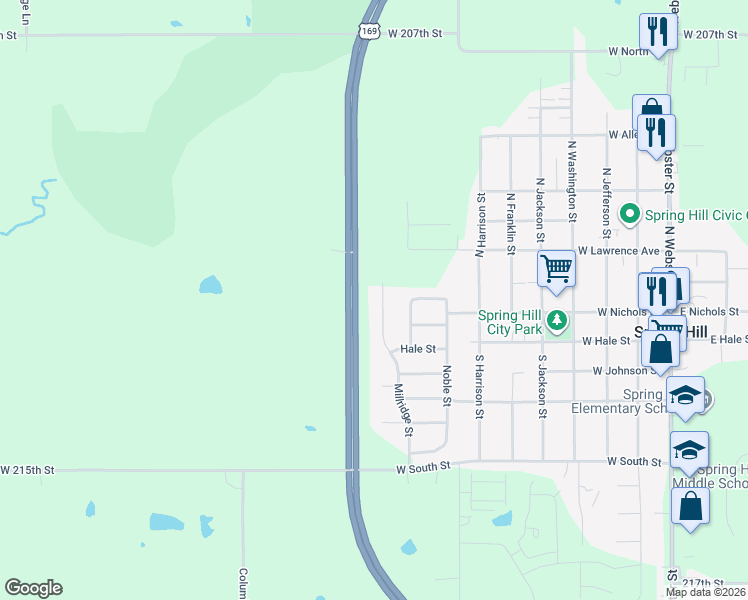 map of restaurants, bars, coffee shops, grocery stores, and more near 21086 Millridge Street in Spring Hill