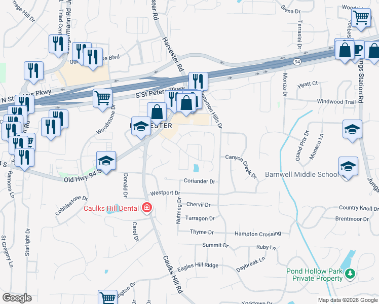 map of restaurants, bars, coffee shops, grocery stores, and more near 1368 Summergate Parkway in Saint Charles