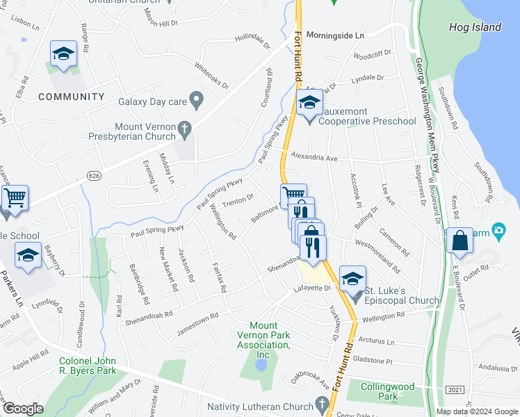map of restaurants, bars, coffee shops, grocery stores, and more near 1604 Baltimore Road in Alexandria