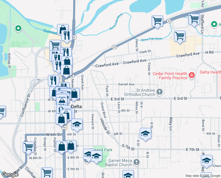 map of restaurants, bars, coffee shops, grocery stores, and more near 249 Park Street in Delta