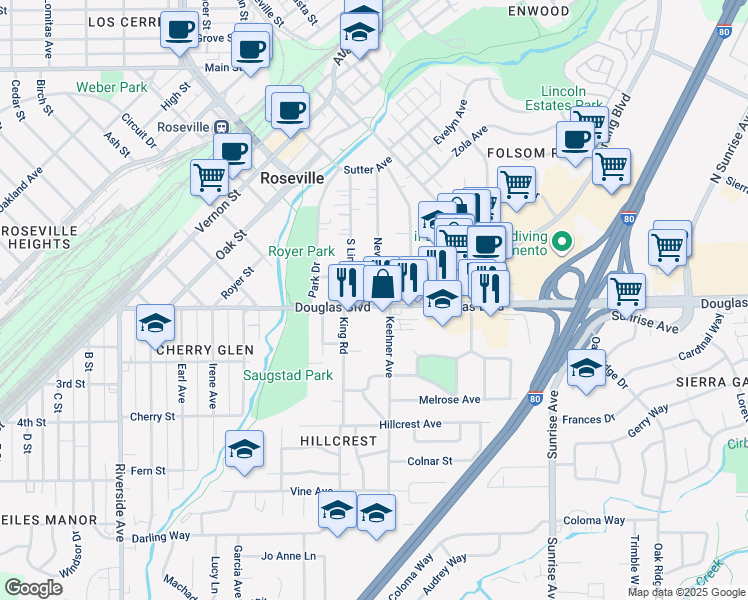 map of restaurants, bars, coffee shops, grocery stores, and more near 104 Keehner Avenue in Roseville