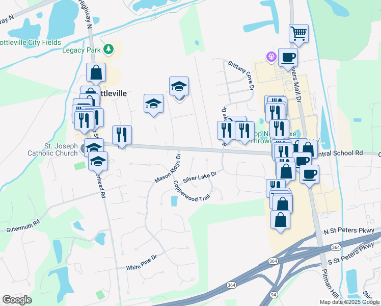 map of restaurants, bars, coffee shops, grocery stores, and more near 456 Mason Ridge Drive in Saint Charles