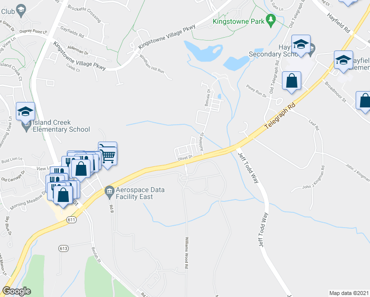 map of restaurants, bars, coffee shops, grocery stores, and more near 6103 Olivet Drive in Alexandria