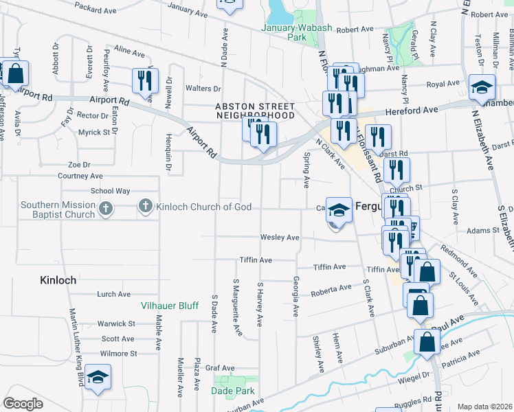 map of restaurants, bars, coffee shops, grocery stores, and more near 17 South Harvey Avenue in Ferguson
