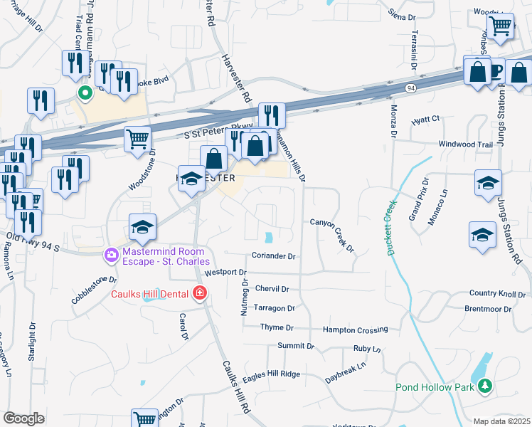map of restaurants, bars, coffee shops, grocery stores, and more near 1368 Summergate Parkway in Saint Charles