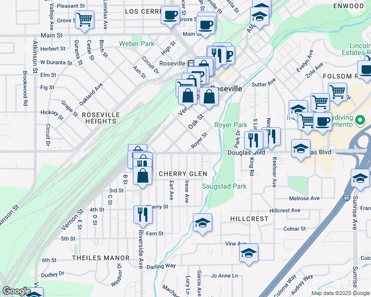 map of restaurants, bars, coffee shops, grocery stores, and more near 108 Irene Avenue in Roseville