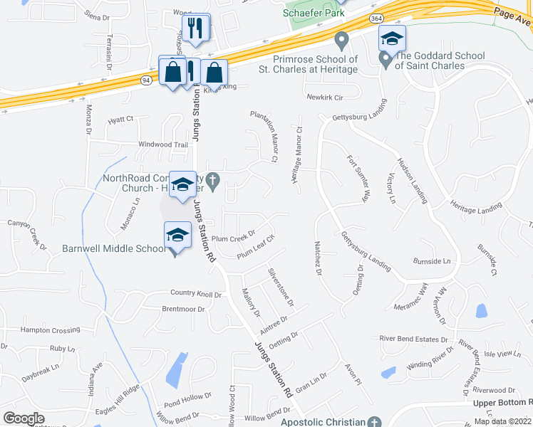 map of restaurants, bars, coffee shops, grocery stores, and more near 2830 Plum Leaf Circle in St. Peters