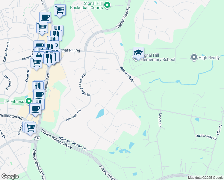 map of restaurants, bars, coffee shops, grocery stores, and more near 9800 Cisler Lane in Manassas